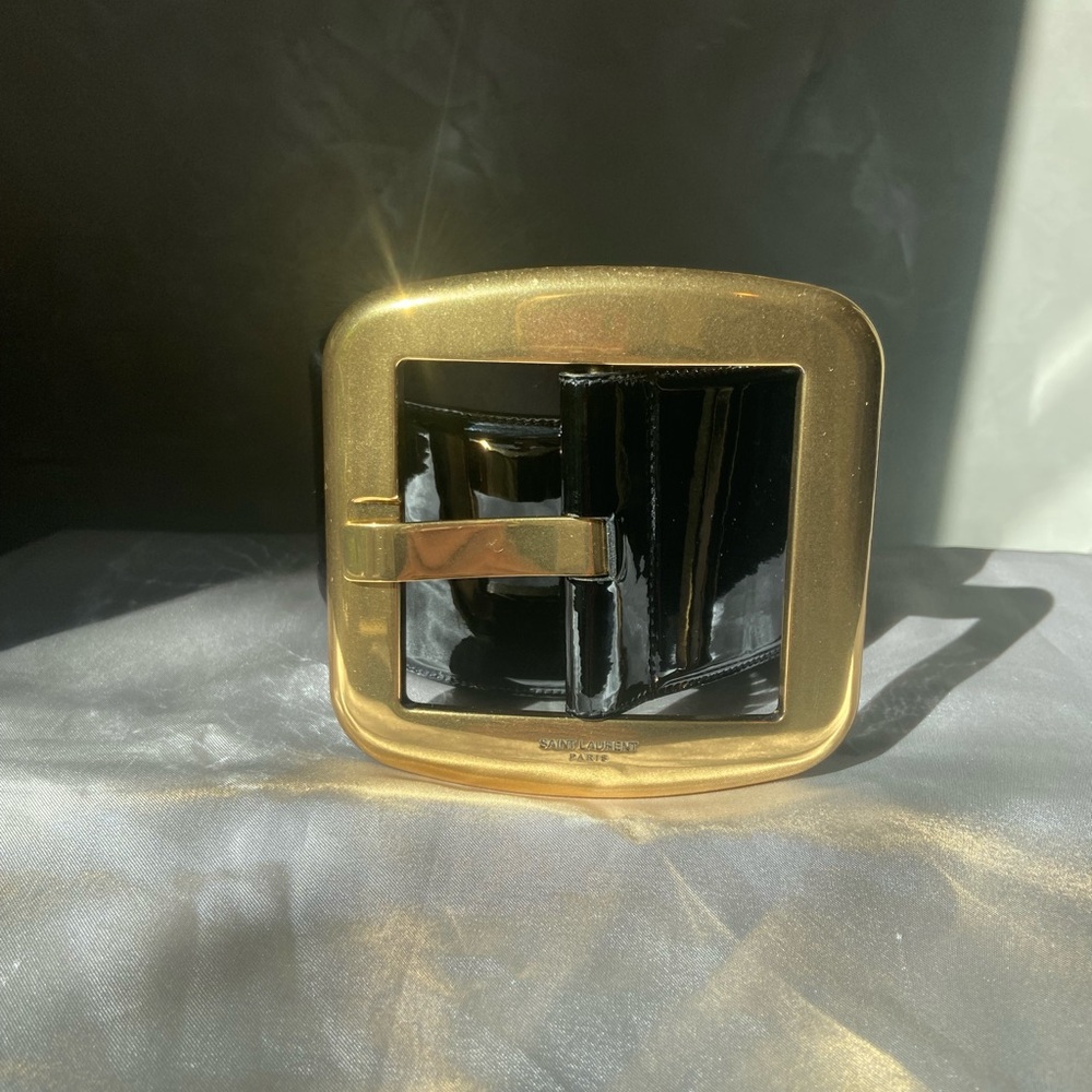 Saint Laurent Black Shiny Belt with Gold Buckle